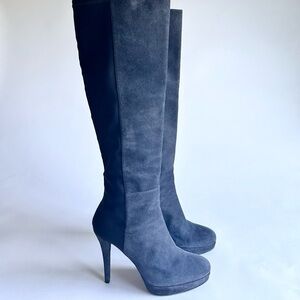 Stuart Weitzman Gray Suede Genuine Leather Black Stretch Textile Knee-High Boots